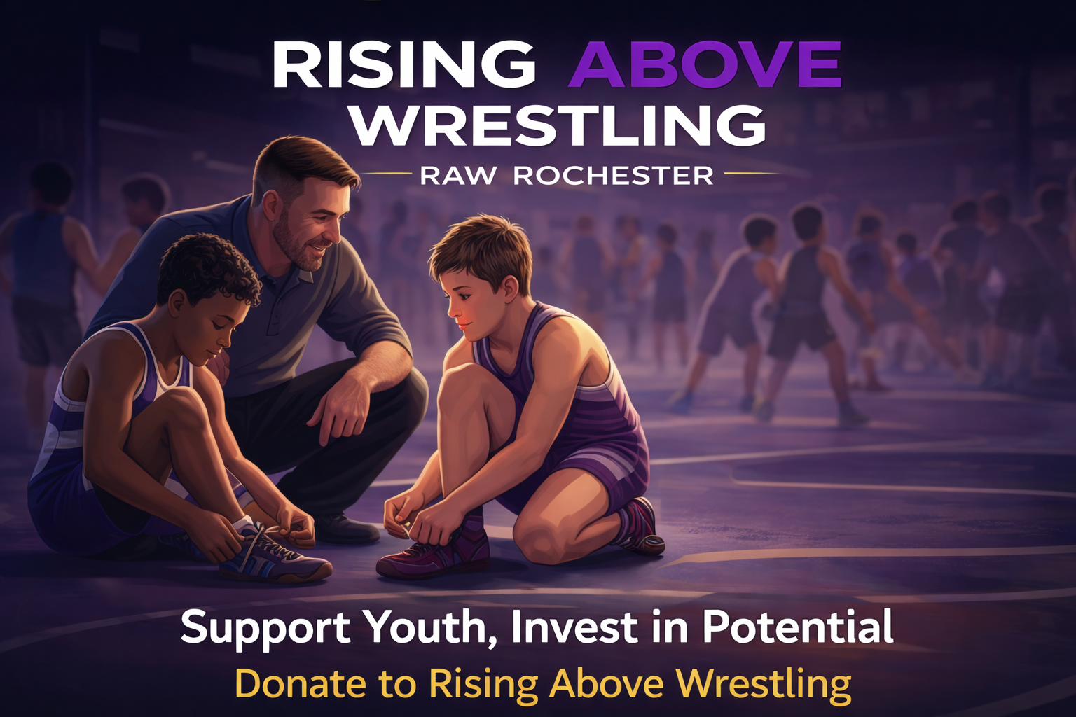 Coach guiding inner-city youth at Rising Above Wrestling, a Rochester 501(c)(3) wrestling nonprofit